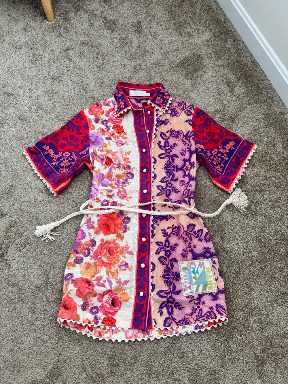 Zimmermann Raie Belted Crochet Trimmed Patch Floral Dress